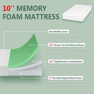 10 Inch Mattress Green Tea Memory Foam Mattress CertiPUR-US Certified,Removable Soft Cove,Fiberglass Free,Twin mattresses