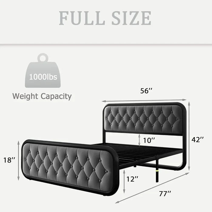 Full Size Metal Bed Frame, Button Tufted Headboard, Heavy Duty Platform Bed Frame, Thickened Metal Steel Slat Support