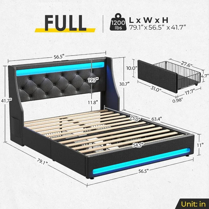 Twin Size Bed Frame with LED Lights and Charging Station, Upholstered Bed with Drawers, Wooden Planks, and Easy To Assemble