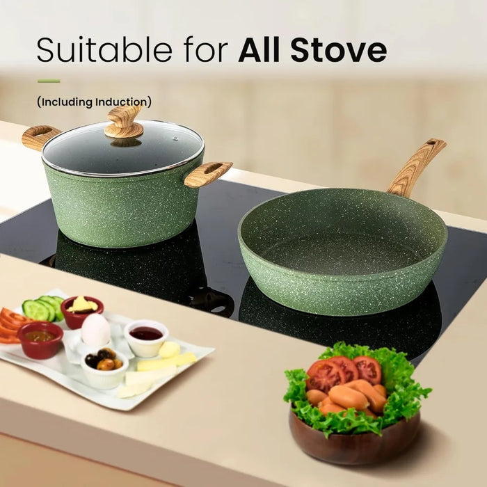 30 Pieces Induction Kitchen Cookware Set, Green Granite Coating Cooking Pans Set