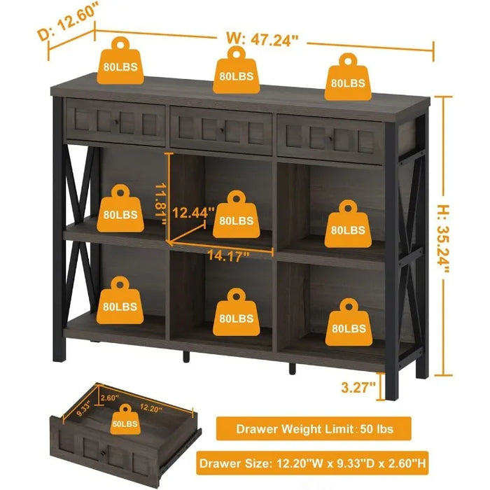 Rustic 6 Cube Storage Organizer Shelf with 3 Drawers, Long Horizontal Bookshelf, Industrial Wood and Metal Cubby Bookcase