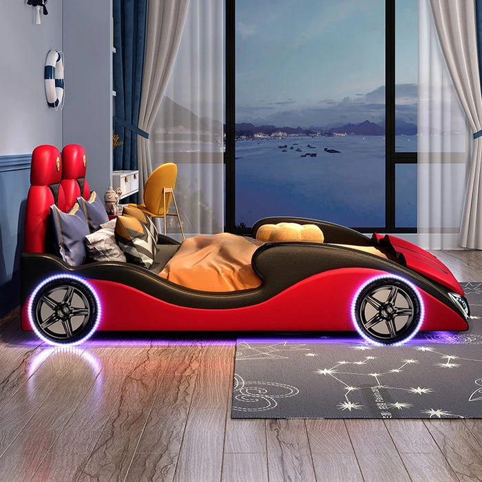 Solid wood boy car bed with guardrail children's bed single room boy sports car splicing leather bed