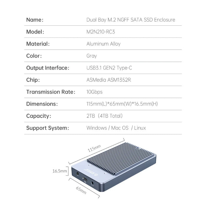 ORICO LSDT RAID Dual Bay M2 SSD Case Support M.2 NGFF SATA SSD Disk For B Key & B+M Key SSD Support PM/RAID 0/RAID 1/JBOD Mode