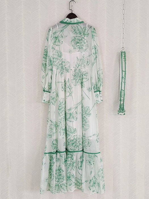 AELESEEN Elegant Long Shirt Dress Women Spring Design Fashion Turn-down Collar Green Flower Print Belt Single-breasted Female