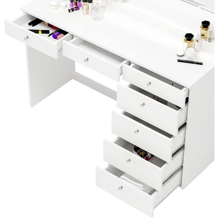 Boahaus Selene Modern Makeup Vanity Desk with LED Lights Strip, 07 Drawers, Large Top, Sturdy Frame, and Hollywood Vanity Mirror