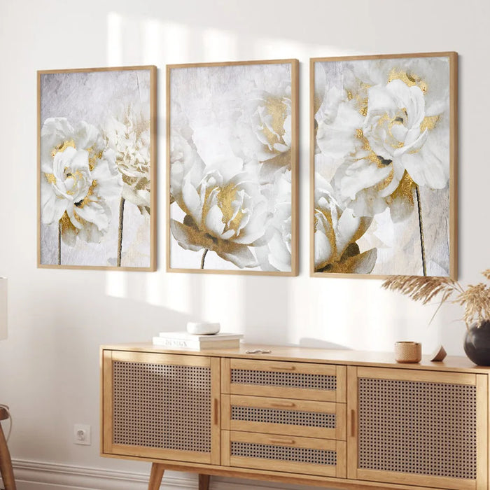 Abstract Gold White Blooming Floral Wall Art Posters Canvas Painting Prints Pictures Modern Living Room Interior Home Decor