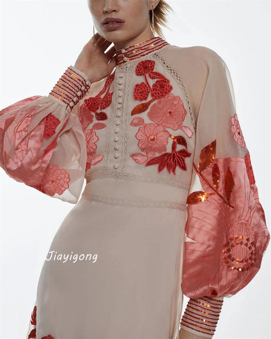 Ball Dress Saudi Arabia Prom Jiayigong Exquisite High Collar A-line Flowers Button Organza Bespoke Occasion Dresses Prom