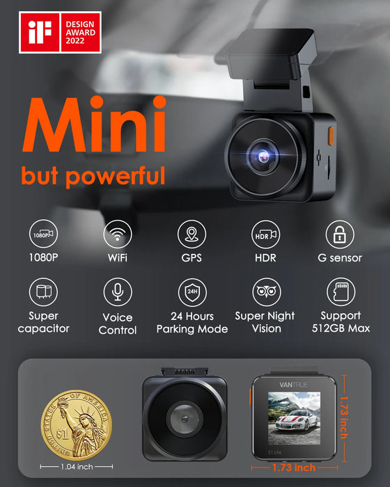 Vantrue E1Lite Front camera for Car 1080P Mini Dashcam with GPS APP Voice Control 24hours Parking Mode Video Record Night Vision