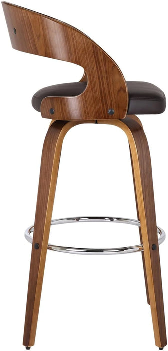 30" Bar Height Barstool in Brown Faux Leather and Walnut Wood Finish