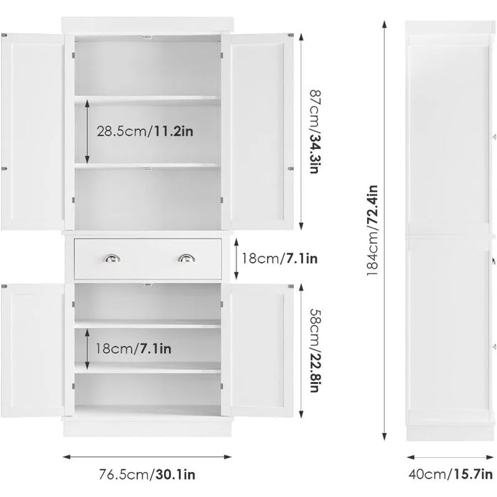 Kitchen Pantry Storage Cabinets with Drawer, Freestanding Cupboard with 4 Doors, Drawer, 4 Shelves, Utility Pantry Cabinet