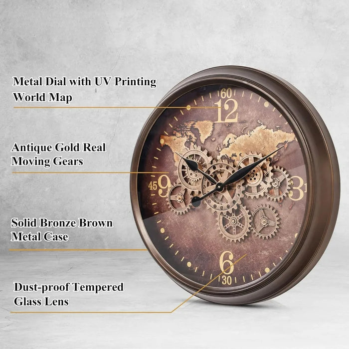 24 Inch Wall Clock with Moving Gears, Industrial Decor Clock, Oversized Silent Clock for Living Room, Oil Rubbed Bronze Brown