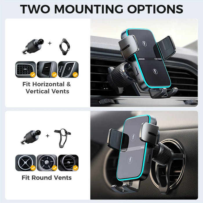 Joyroom Dual Coil Wireless Car Charger Phone Mount 15W Fast Charging Holder with Auto Smart Sensor Clamping for iPhone Samsung