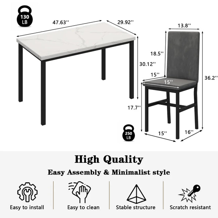 2024 New Dining Table Set for 4, 5-Piece Marble DiningTableSet with 4 Velvet Metal Frame Chairs for Kitchen