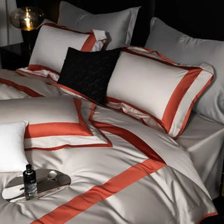 1000TC Premium Cotton Queen King Bedding Set 4pcs Grey Orange Frame Patchwork Duvet Cover Bed Sheet Pillowcases For All-Season