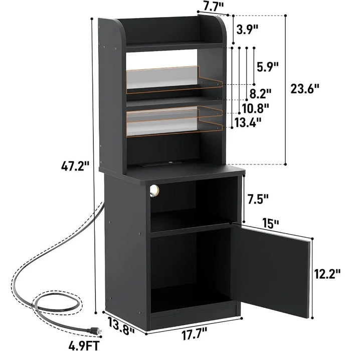 Tall Nightstand with Charging Station and USB Ports - 47" Tall Bedside Table with Adjustable Bookshelf, Black, End Table