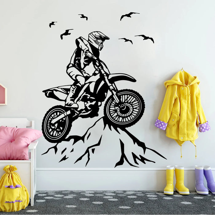 Dirt Bike Mountain Wall Sticker Playroom Motorbike Motorcross Bird  Jump Stunt Cross Wall Decal Bedroom Vinyl Home Decor