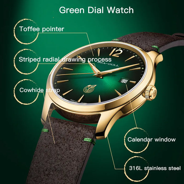 New Seagull Watch Men's Automatic Mechanical Watch Retro Green Dial Business Leather Strap For Man Wristwatch