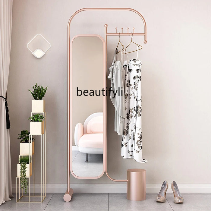 yj Clothes Fitting Mirror Floor Full Body With Coat And Cap Clothes Rack Integrated Light Luxury Home Bedroom