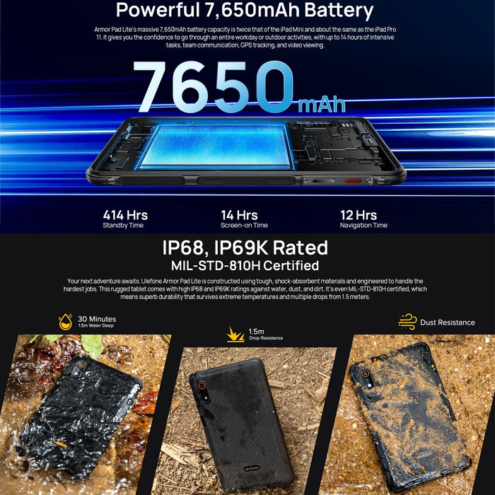 Ulefone Armor Pad Lite Rugged Tablet PC 8 inch Android 13 MediaTek MT8766 Quad Core 3GB+32GB 7650mAh 13MP Camera NFC Google Pay