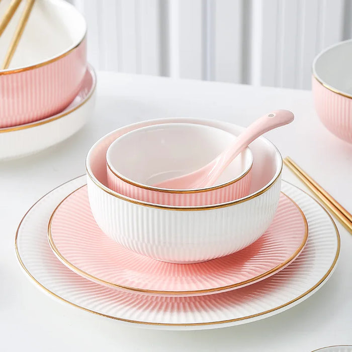 New Fashion Nordic Bone China Plates Set White Dinnerware Serving Kitchen Dessert Dish Golden Edge Tableware Porcelain Pink