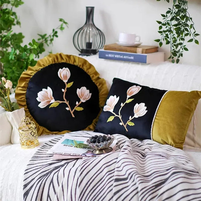 Luxury Velvet Cushion Cover Flower Embroidery Pillow Case Sofa Living Room Home Decor Chinese Style Retro Round Pillow