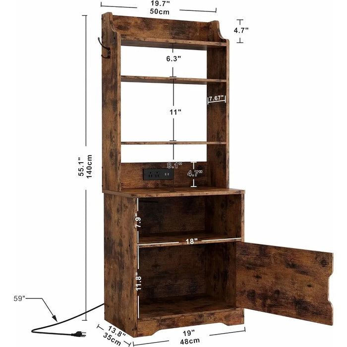 Nightstand with Charging Station, Vintage Brown, 55" Tall End Side Table with Storage Cabinet and Small Bookshelf