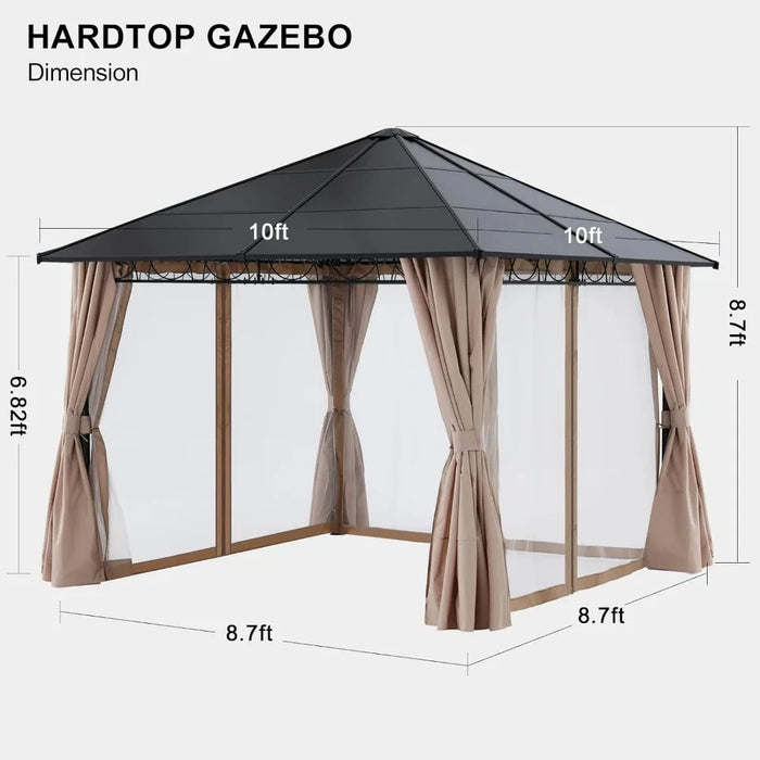 Beige Outdoor Awning 10x10 Outdoor Hardtop Gazebo Aluminum Frame Polycarbonate Top Canopy with Curtains and Netting Tent Decor