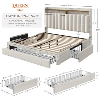 Queen Size Bed Frame with 2 Drawers, Queens Beds Frame with Storage, NO Noise, No Box Spring Needed, Queen Size Bed Frame