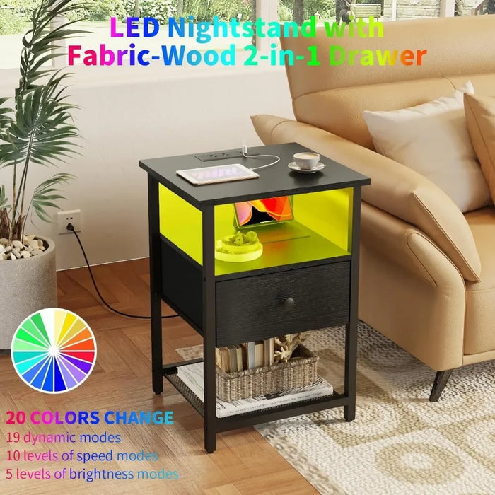 LED Nightstands Set of 2 with Charging Station, Bedside Tables with USB Ports and Outlets, Black Side Table for Bedroom