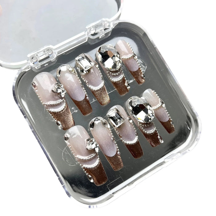 New Design Luxury Personality Coffin Bling Diamond  coffin new cat-eye French tip manicure DIY Press On Acrylic Nails