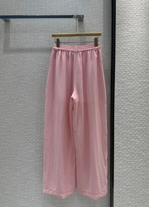 2024 Summer New Women's Wear Loose shoulder minimalist pink shirt paired with elastic waist straight wide leg pants 0516