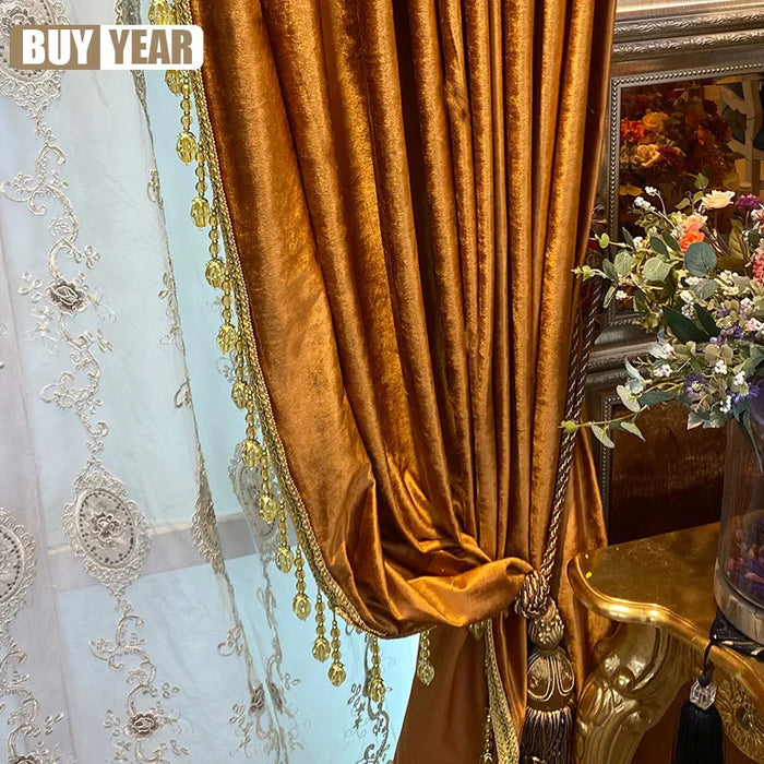 European style New Luxury Gold Velvet Blackout American Style High Grade Curtains for Living Dining room Bedroom Tulle Custom