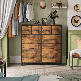 Dresser, Fabric for Bedroom, Storage Drawer Unit, University Dormitory, Black and Taupe, Dressing Table with 10 Deep Drawers