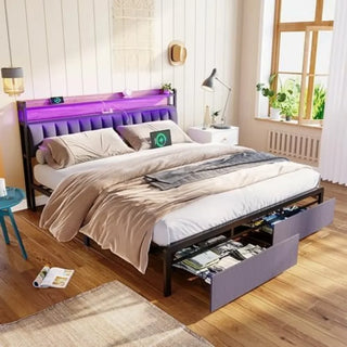 King Size LED Bed Frame with Storage Headboard and Drawers, w/USB Ports , Upholstered Platform Bed Frame King Size