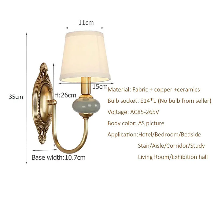 Nordic Fabric All Copper Wall Light For Bedroom Bedside Light Hotel Living Room Office Study Ceramics Wall Light Lamps
