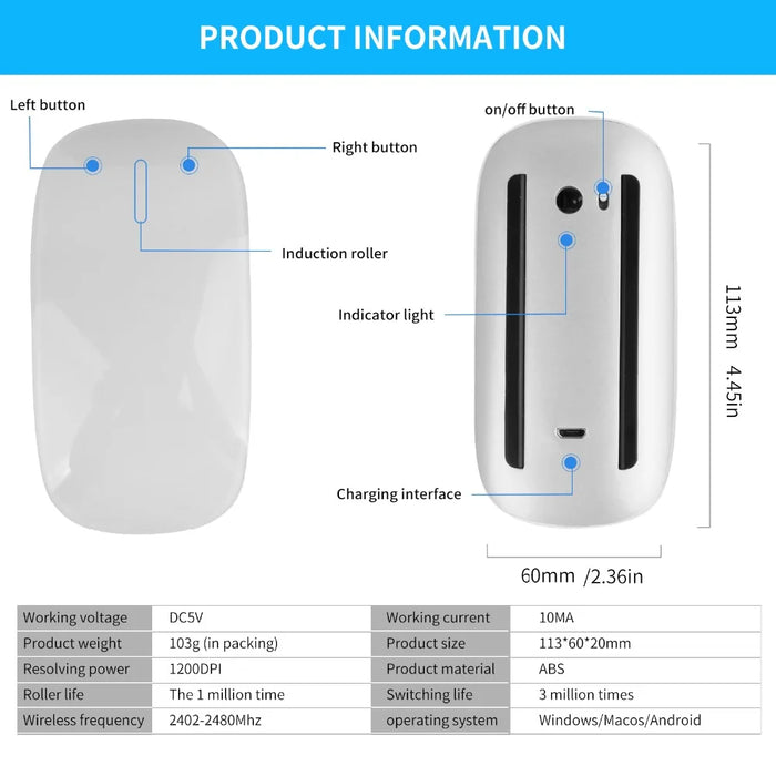 Bluetooth Wireless Magic Mouse Silent Rechargeable Laser Computer Mouse Slim Ergonomic PC Mice for Apple Macbook Microsoft