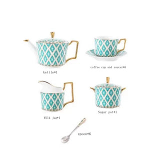 15pcs Set European Phnom Penh Emerald Metal Cup Ceramic Coffee Tea Set Mug Sugar Bowl Creamer Teapot Milk Jug Coffeeware