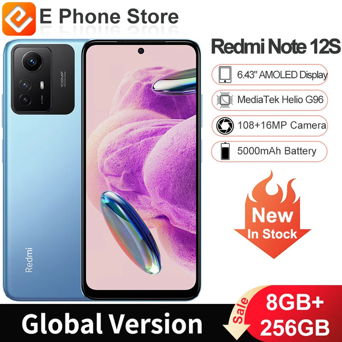 Global Version Redmi Note 12S 8GB+256GB MediaTek Helio G96 6.43" AMOLED Display 108MP+16MP Camera 5000mAh Battery(New)