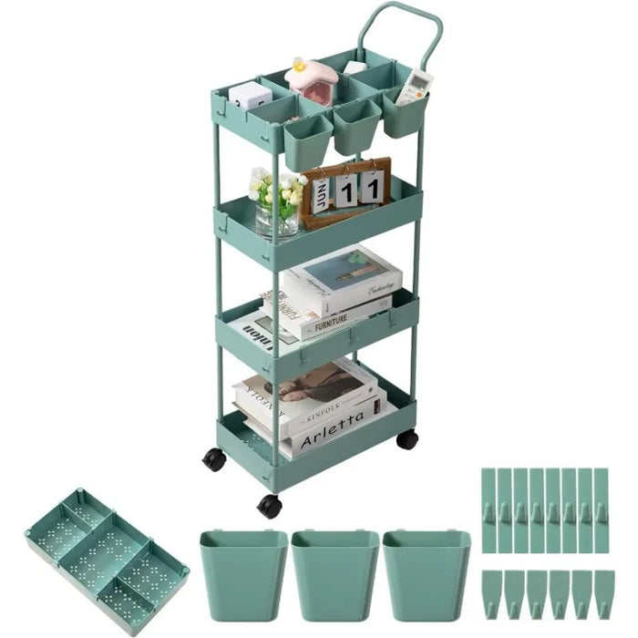 Storage Cart on Wheels, Bathroom Organizer Slim Laundry Cart Narrow Shelf Cart with Wheels Dividers Hanging Cups Hooks