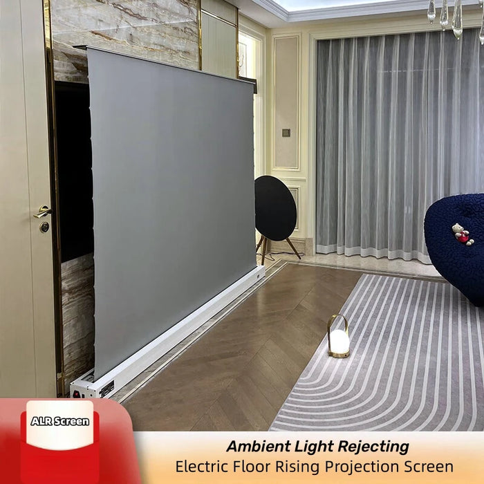 Anti-Light Electric Pop-up/Floor Rising projector Screen With 4K Long Focus ALR Cloth For Home Theater, Black / White Housing