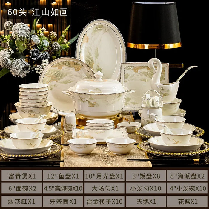 Jingdezhen dish set housewarming tableware set bowl and plate ceramic tableware set light luxury plate bowl