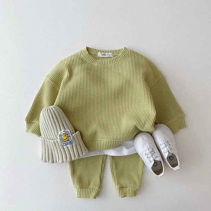 Korean Baby Clothing Sets Waffle Cotton Kids Boys Girls Clothes Spring Autumn Loose Tracksuit Pullovers Tops+Pants 2PCS Sets