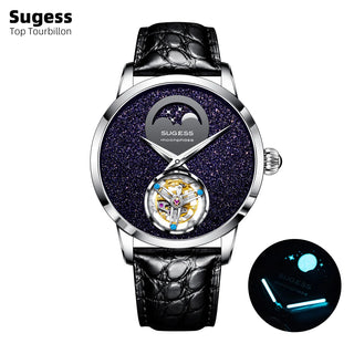 Sugess Top Tourbillon Mens Watch Tianjin ST8235 Movement Wristwatches Mechanical Moonphase Luxury Watches Crocodile Leather New