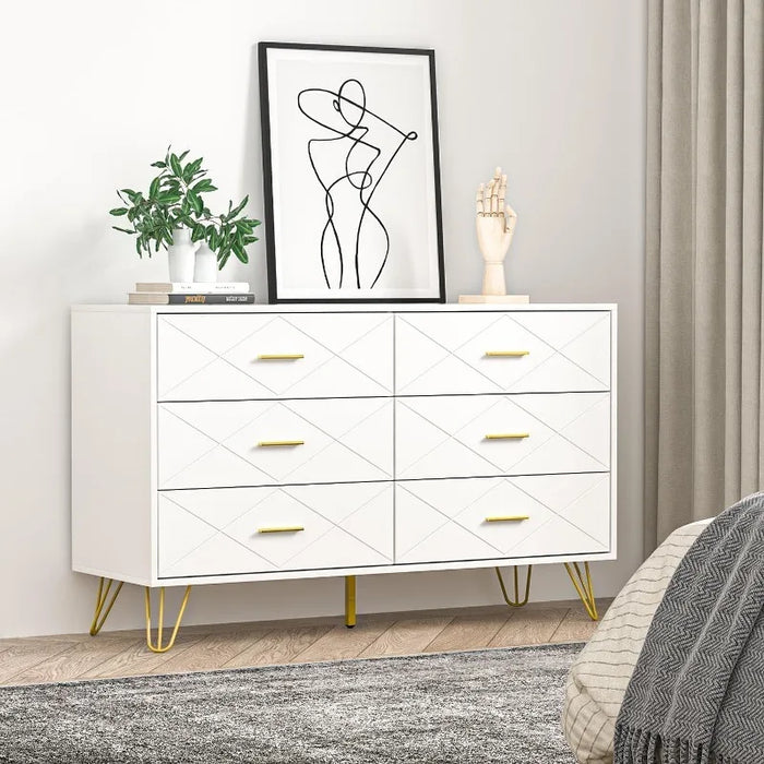 Dresser for Bedroom, White Dresser with 6 Deep Drawers, Wide Chest of Drawers with Gold Handles for Living Room