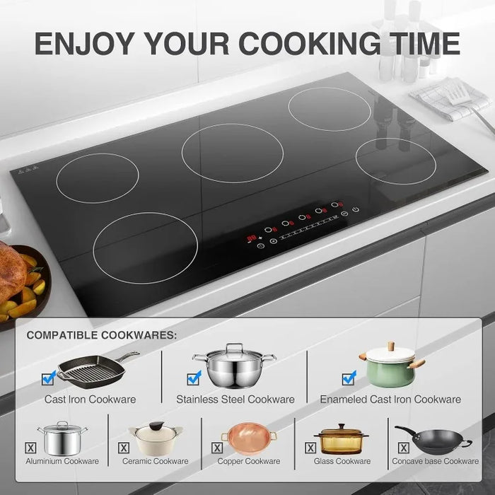 Induction Cooktop, with 5 Burners Desktop Built-in Cooktop, 7400W 240V Induction Stovetop 9 Power,Levels Sensor Touch Control