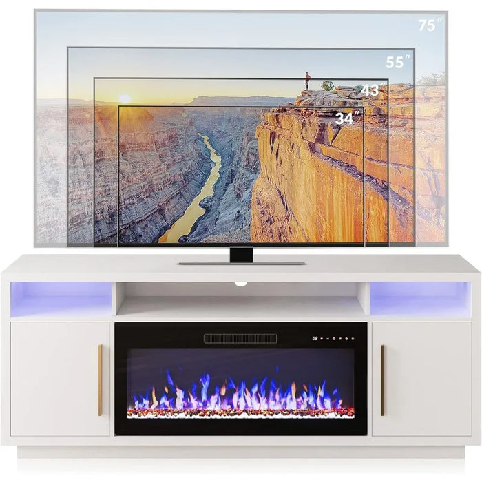 70" Fireplace TV Stand for TVs Up to 75", LED Light Entertainment Center with 36" Electric Fireplace Heater, Storage Cabinet,