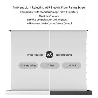 Anti-Light Electric Pop-up/Floor Rising projector Screen With 4K Long Focus ALR Cloth For Home Theater, Black / White Housing