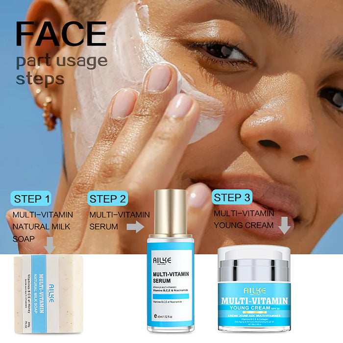 AILKE Multi-Vitamin Lightening Skin Set, Reduce Blemish, Absorbs Quickly Moisturizes with Vitamins B/C/E, Rejuvenates Skin