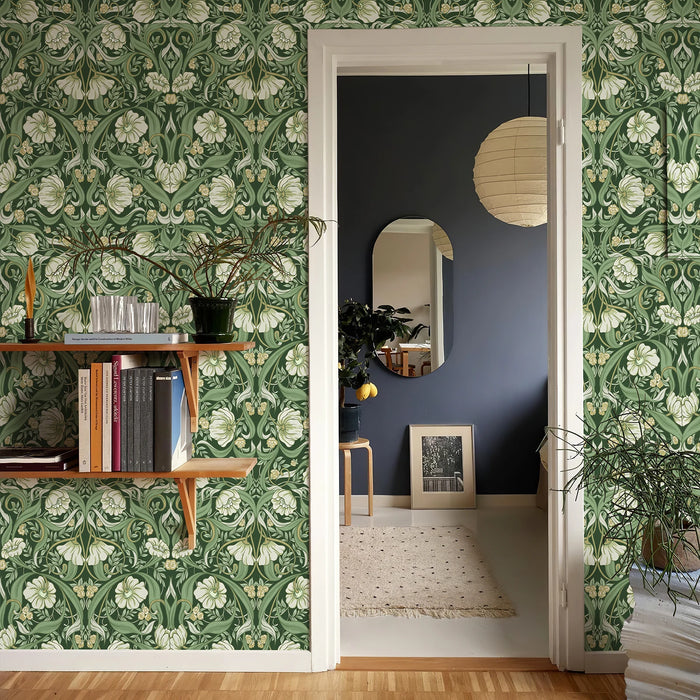 Green Floral Peel And Stick Boho Wallpaper Elegant Self-adhesive Fresh Flower Wallpaper Mural Retro Furniture Renovation Decor