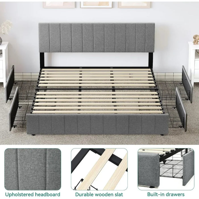 Bedroom furniture, king size bed frame, upholstered bed frame, with 4 storage drawers, no spring box required, grey